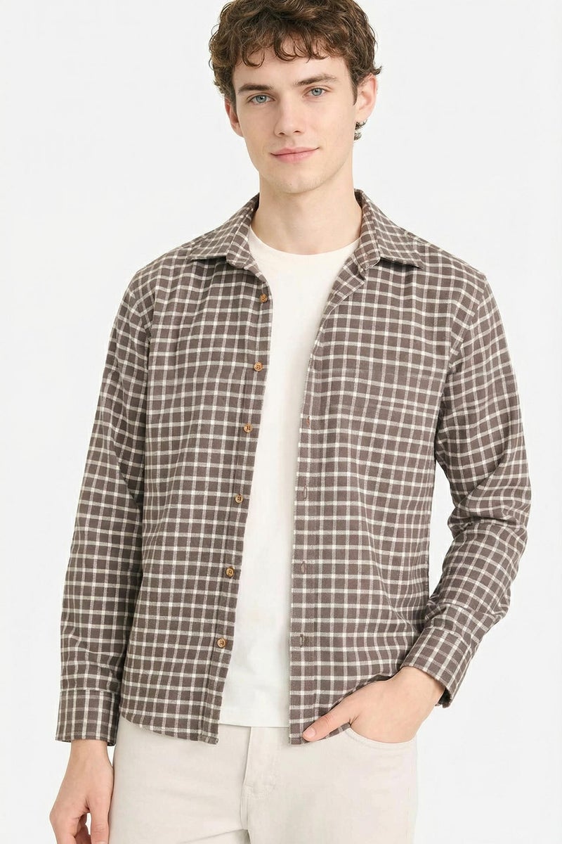 DeFacto Brown Man 100% Cotton Plaid Shirt Casual - Image 1